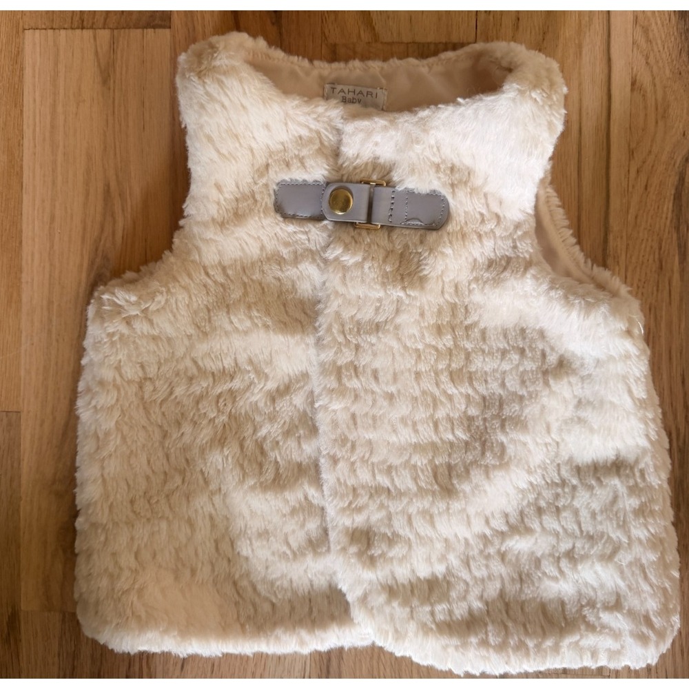 Tahari Baby Girls Ivory Faux Fur Vest Leather Snap Buckle Collar Cream 18M